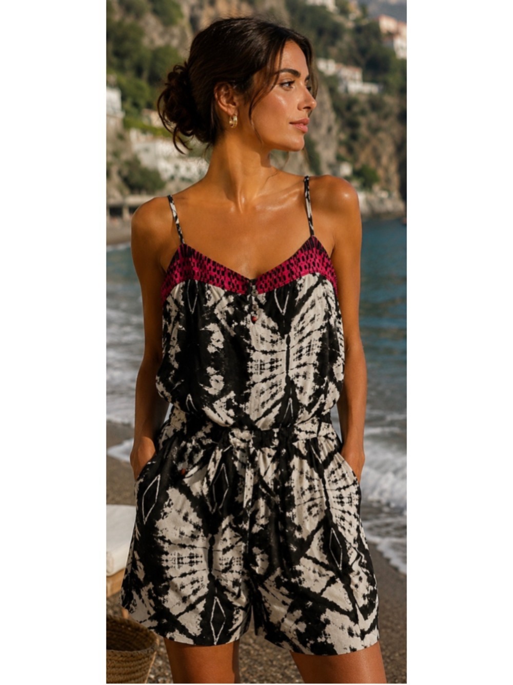 Da-Nang Tie-Dye Romper Size M Black and White 100% Silk